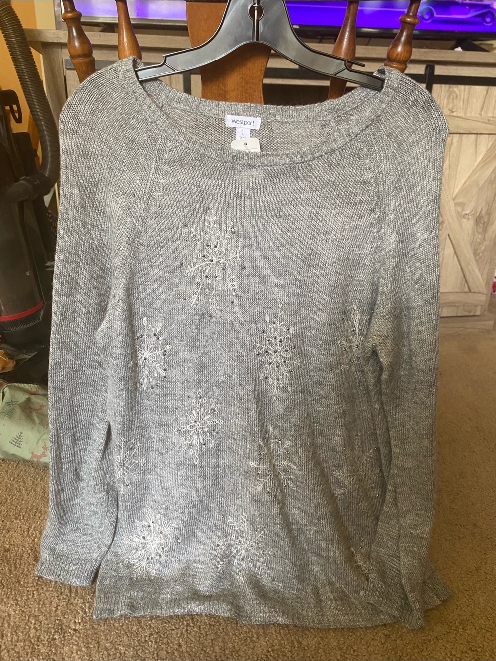 Westport Gray Beaded Snowflake Crew Neck Sweater